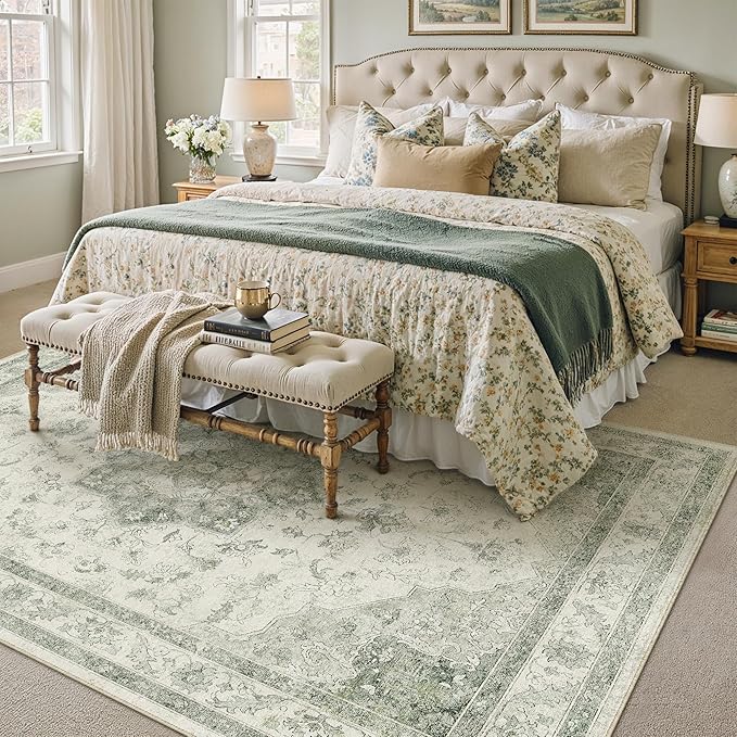 Green Area Rug 8x10 Washable Living Room Carpet Vintage Non Slip Soft Bedroom Indoor Office Retro Low Pile Thin Oriental Medallion Large Rug for Dining Room Playroom