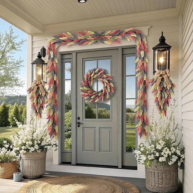 Glitzhome 28" Heather Teardrop, Spring Summer Artificial Swag Wreath for Front Door Wall Mantel and Window Decor