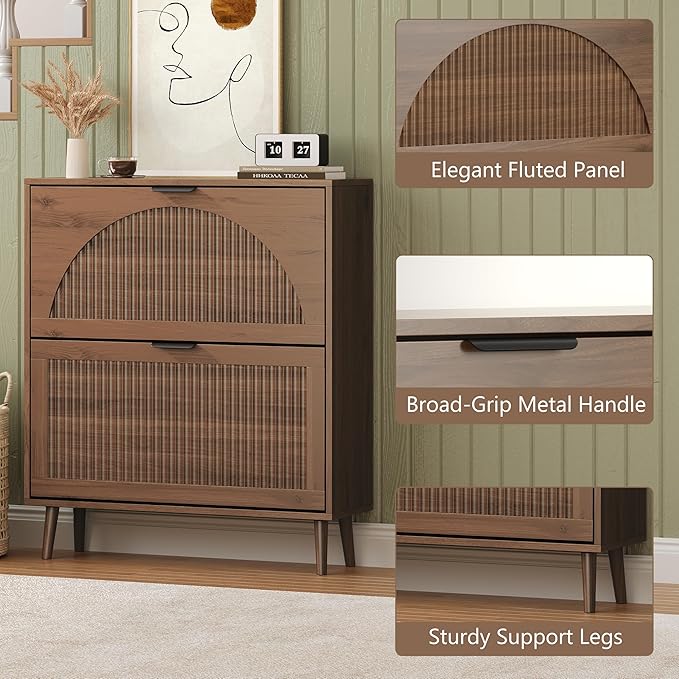Shoe Cabinet for Entryway with 2 Flip Drawers, Slim Wooden Shoe Storage Organizer with Modern Fluted Pannel，Freestanding Narrow Hidden Shoe Rack for Hallway, Foyer, Living Room