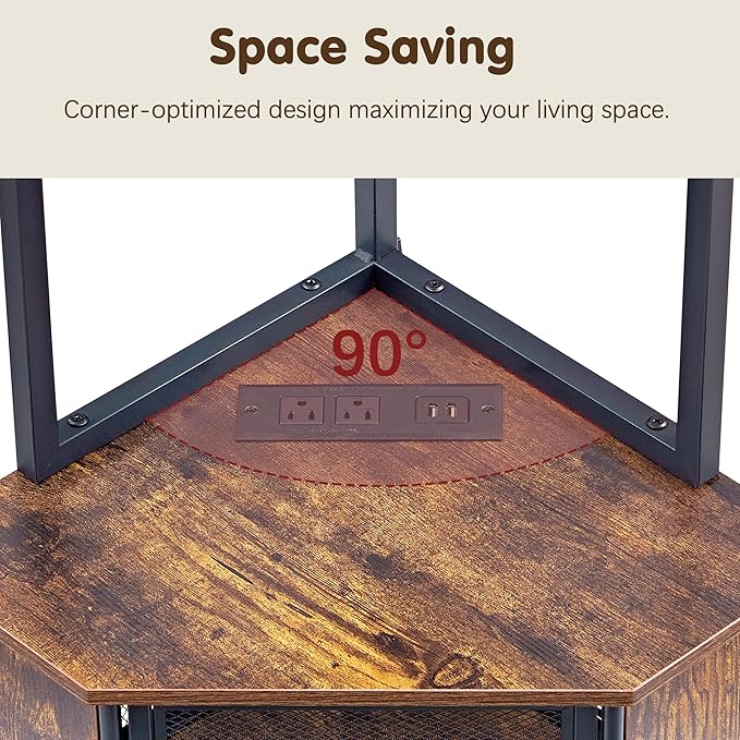 VECELO 6 Tier Corner Shelf with LED Light and Charging Station, 63” Tall Standing Cabinet Organizer, Narrow Bookshelf with Storage Rack for Living Room, Bedroom, Kitchen, Balcony, Small Space