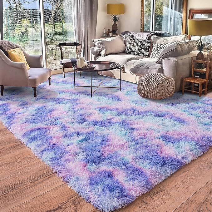Rugs for Living Room 5x7, Soft Shaggy Modern Shag Area Rug for Bedroom, Upgrade Non-Slip Plush Fluffy Carpet for Kids Boys Girls Room Home Decor Aesthetic, Rainbow Purple
