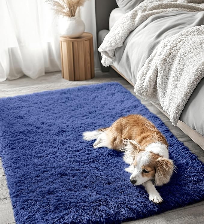 OLANLY 3x4 Machine Washable Accent Rug, Soft Fluffy Shaggy Area Rug for Bedroom, Living Room, Indoor Floor Carpet for Kids, Nursery, Home Decor, Navy Blue