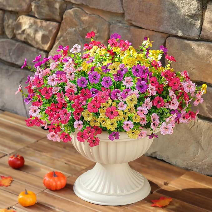 Artificial Fake Flowers Plants for Outdoors Spring Summer Decor,16 Bundles Faux Plant Flowers Silk Daisy UV Resistant for Outside Planter Front Porch Patio Yard Garden Home(Pink,Purple,Yellow,Fuchsia)