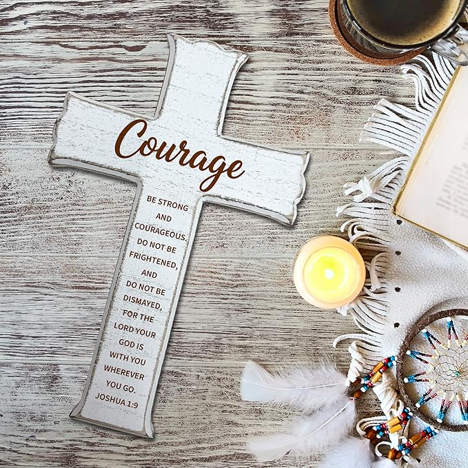 dsjaidh Cross Wall Decor - White Scripture Wooden Cross For Wall - Minimalist Wooden Hanging Signs Christian Easter Decor for Home Office Church Baptism - Christian Gifts for Men Women (Courage)- A02