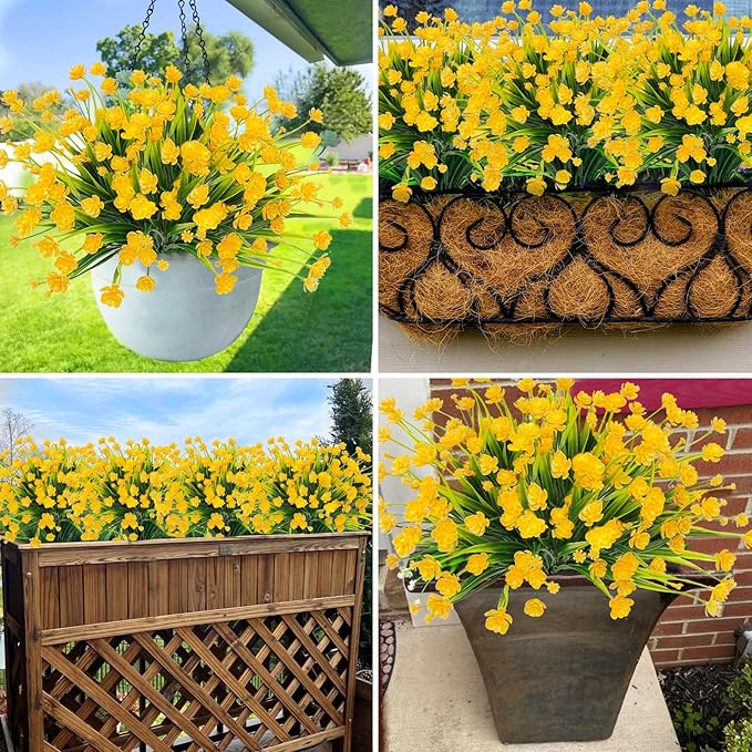 TURNMEON 12 Bundles Artificial Flowers for Outdoors Spring Decor, Realistic UV Resistant Fake Plants Faux Plastic Flowers for Outside Planter Home Gardens Porch Yards Cemetery Summer Decor(Yellow)