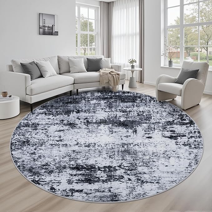 Round Area Rug for Living Room: 6 ft Washable Modern Abstract Soft Thin Rug Indoor Floor No Slip Stain Resistant Carpet for Bedroom Dining Room Farmhouse Nursery Home Office - Black