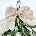 Artificial Olive Branch Swag with Burlap Bow, Green Hanging Teardrop Wreath for Door, Window, Holiday Decor