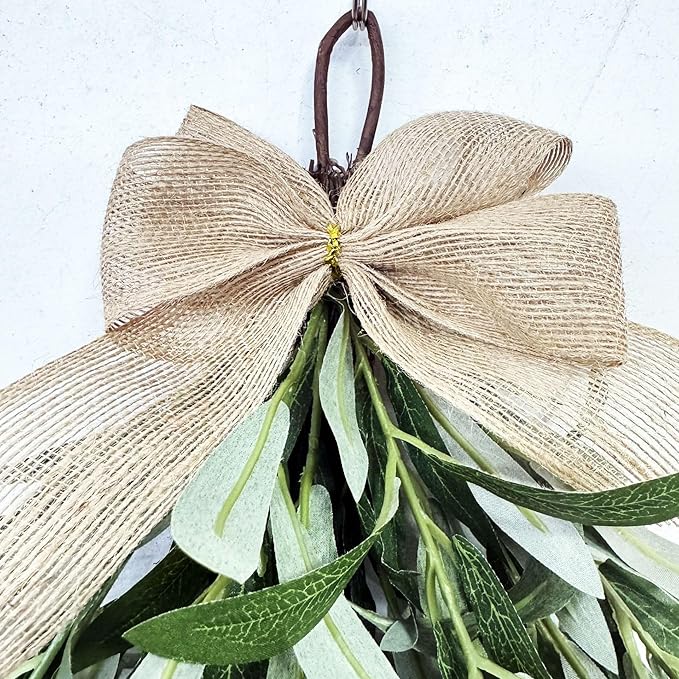 Artificial Olive Branch Swag with Burlap Bow, Green Hanging Teardrop Wreath for Door, Window, Holiday Decor