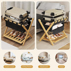 Full Assembled 26.77"L Luggage Rack for Guest Room, Set of 2 Foldable Suitcase Stand with 5 Nylon Straps & Cloth Bag, Luggage Stand Holder with Shoe Shelf for Suitcases Hotel (Natural Wood Bamboo)