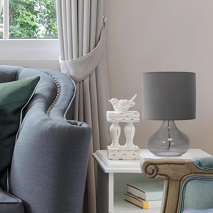Simple Designs LT2063-SMG Small Glass Raindrop Bedside Table Lamp with Gray Fabric Shade, Smoke