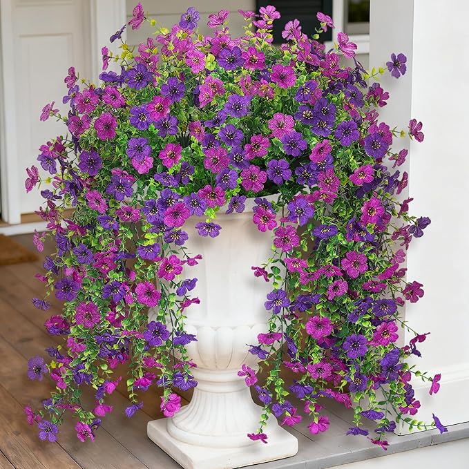 2Pcs Fake Hanging Flowers for Outdoor Decoration Artificial Hanging Flowers Realistic Daisy Plants UV Resistant, Faux Silk Flower for Porch Patio Window Sill Outside Decor(Purple Deep Purple)