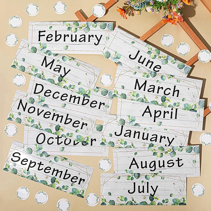 Zonon 48 Pieces Holiday Monthly Headliners Set 12 Months of The Year Headers Seasonal Monthly Bulletin Board Borders with 36 Round Blank Confetti Cutouts(Greenery)