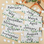 Zonon 48 Pieces Holiday Monthly Headliners Set 12 Months of The Year Headers Seasonal Monthly Bulletin Board Borders with 36 Round Blank Confetti Cutouts(Greenery)