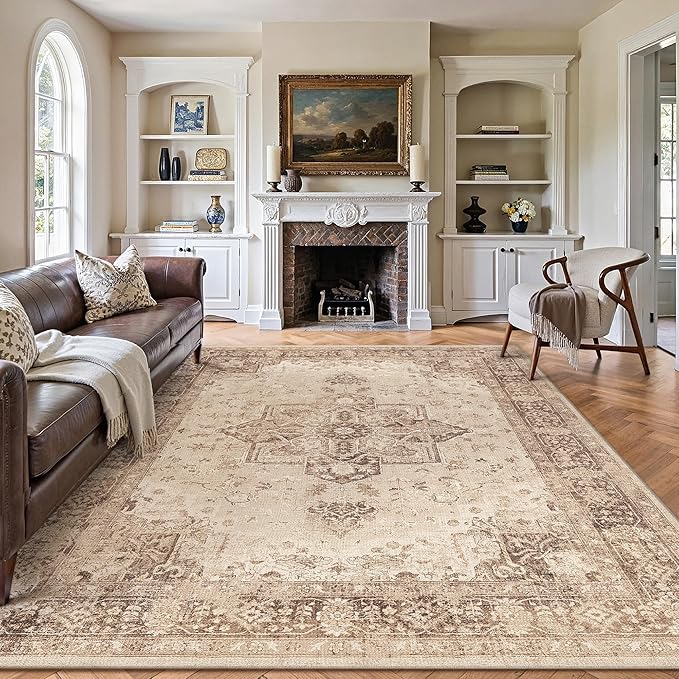 Brown 8x10 Area Rug Washable Vintage Living Room Carpet Non Slip Retro Distressed Low Pile Soft Oriental Medallion Thin Large Throw Rug for Office Bedroom Dining Room Playroom