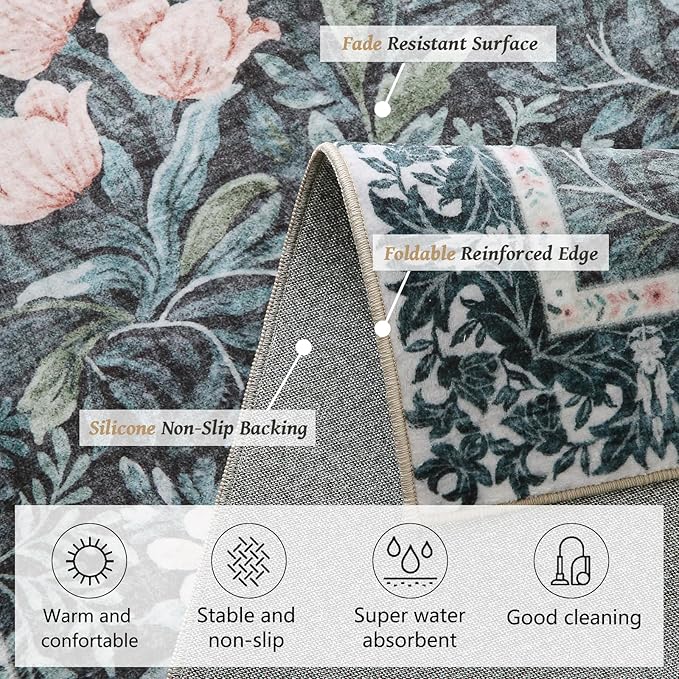 Washable 8x10 Area Rug - Light Green Vintage Floral with Ornate Border, Soft Low Pile Carpet for Living Room, Dining Room Under Table, Bedroom Non-Slip, Stain Resistant & Durable