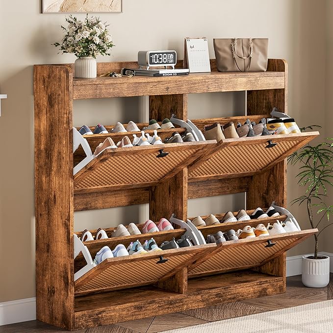 GarveeHome Shoe Cabinet Rattan with 4 Flip Drawers, Wooden Freestanding Shoe Organizer with Adjustable Shelves, Shoe Storage for Entryway, Closet, Hallway