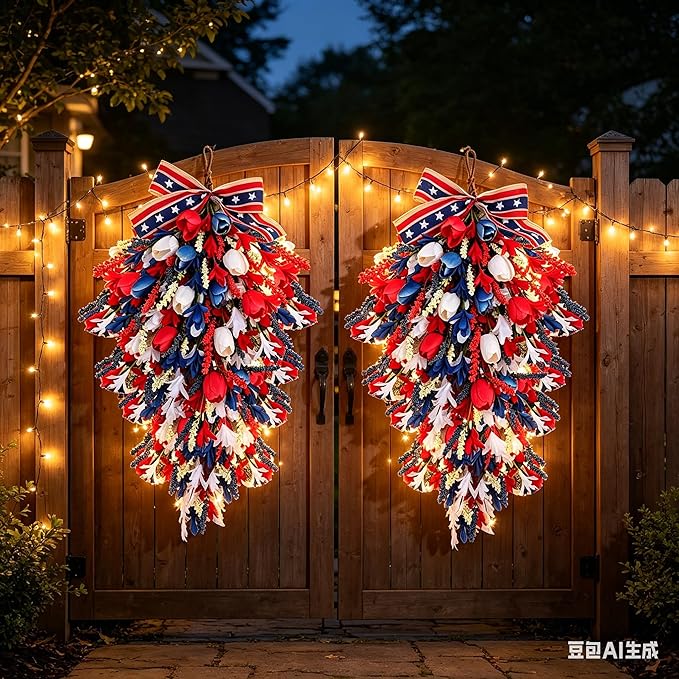 2 Pack 21'' Patriotic Teardrop Swag Wreaths for Cabinets Artificial 4th of July Swag Wreath with Red White Blue Tulips Floral and Berries for Independence Day Memorial Day Front Door Porch Window Wall
