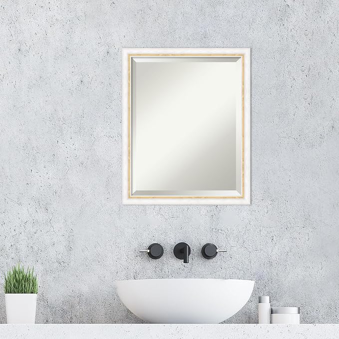Amanti Art White Wall Mirror 22x18 Morgan White Gold Rectangle Bathroom Mirror for Wall Decor Living Room, Small Modern Wood Frame, Hangs Horizonally and Vertically, Bathroom Decor, Beveled Edge