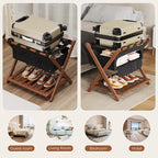Full Assembled 26.77" L Luggage Rack for Guest Room, Set of 2 Foldable Suitcase Stand with 5 Nylon Straps & Cloth Bag, Luggage Stand Holder with Shoe Shelf for Suitcases Hotel (Walnut Bamboo)