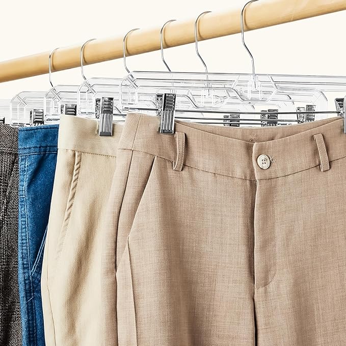 HOUSE DAY Clear Pants Hangers with Clips 300 Pack, Non-Slip Plastic Skirt Hanger with Adjustable Clips, Slim Clip Hangers for Pants, Skirts, Shorts, 14" Clear Hanger, 360-Rotating Swivel Hook
