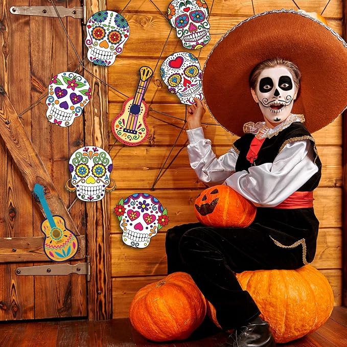 Day of The Dead Cutouts Sugar Skull Classroom Bulletin Board Decorations Colorful Skull Halloween Theme Party Supplies for Toddler Kids Students Classroom Decors