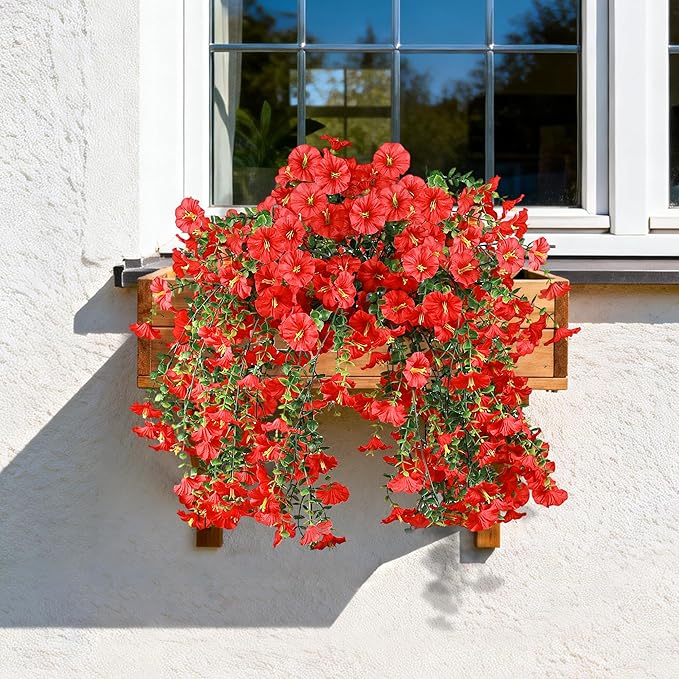 Artificial Hanging Flowers for Outdoors, 4 PCS UV Resistant Faux Plants Silk Realistic 150 Morning Glory Each Vines, Fake Plastic Floral for Garden Patio Spring Summer Decor, Red