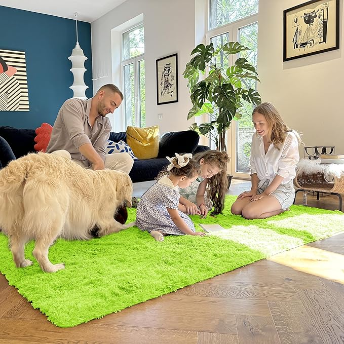 OLANLY 2x3 Machine Washable Small Bedside Rug, Soft Fluffy Shaggy Entryway Throw Rugs for Bedroom, Living Room, Indoor Floor Carpet for Kids Girls and Boys, Home Decor Aesthetic, Lime Green
