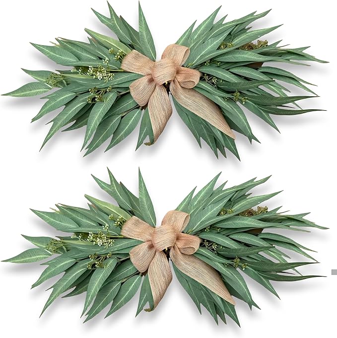 24 Inch Artificial Eucalyptus Greenery Swag with Rustic Linen Bow, Farmhouse Mantel & Wall Decor for Spring, Summer and Year-Round Home or Wedding Decoration（2pcs