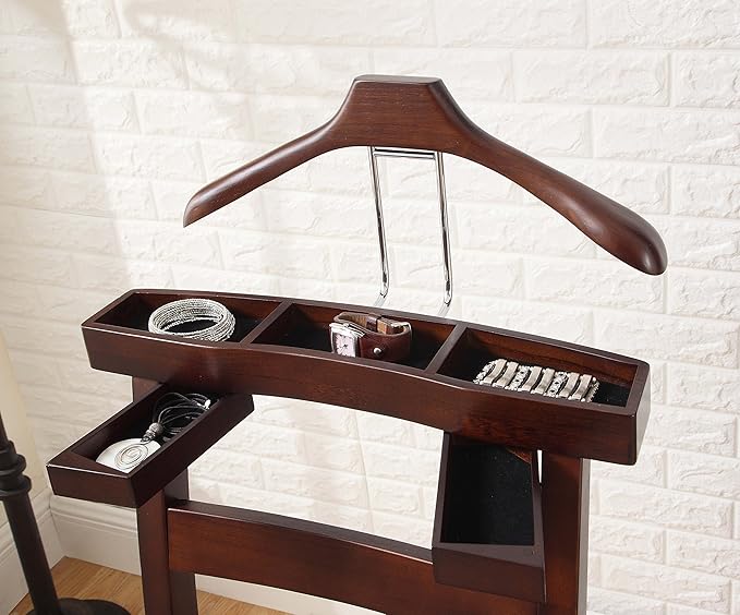 Proman Products Manhatten Chair Valet VL36654 with Drawer, Hanger, Trouser Bar and Tie & Belt Bar, 19" W x 24" D x 43" H, Dark Walnut