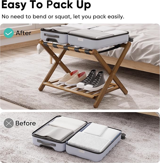 Smuxee Fully Assembled Black Walnut Luggage Racks Pack of 2, Upgraded Bamboo Foldable Suitcase Stand with 5 Nylon Straps, Luggage Holder with Shelf for Guest Room Bedroom Hotel