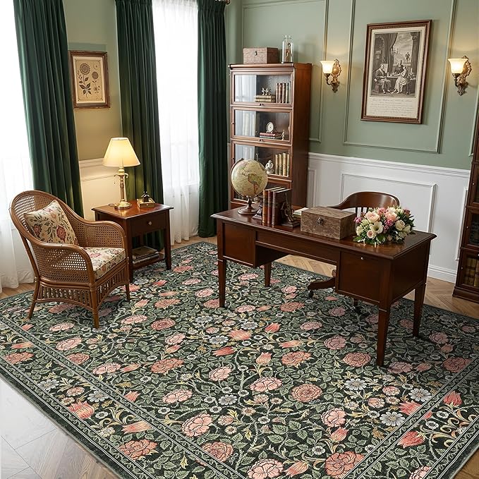 GarveeHome Dark Green Vintage Floral Washable 6x9 Area Rugs for Living Room Boho Botanical Retro Rug Low Pile Stain Resistance Non Slip Carpet for Bedroom Nursery Dining Room