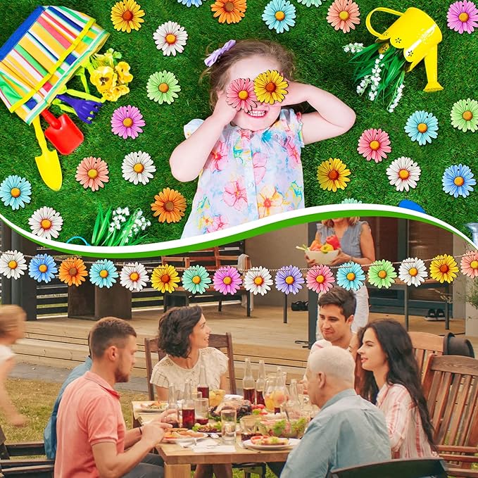 Maitys 36 Pcs Spring Flower Ornaments for Tree Hawaiian Wooden Flower Decorate Wooden Hibiscus Daisy Hanging Decor for Birthday Wedding Baby Shower Themed Summer Holiday Party Decoration (Daisy)
