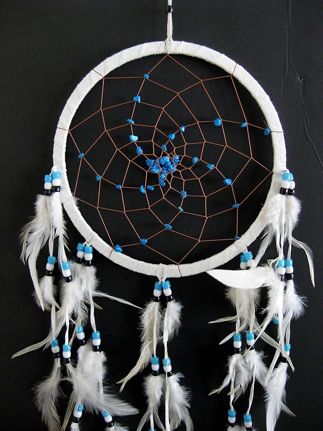Dream Catcher Dreamcatcher - White Suede with Turquoise Stone - Hand Crafted, Large Size - 28" Long x 9" Diameter - OMA Brand (White)