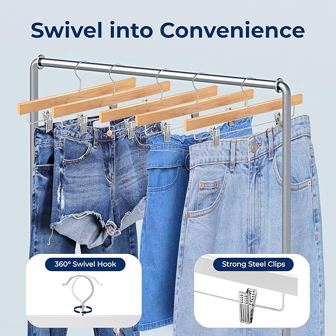 SereneLife 10 Pack Skirt and Pant Hanger with Adjustable Non-Slip Steel Clips, Premium Wooden, 360° Swivel Hook & 10 lb Capacity – Space-Saving Heavy-Duty Hangers for Jeans, Shorts & Slacks (Natural)