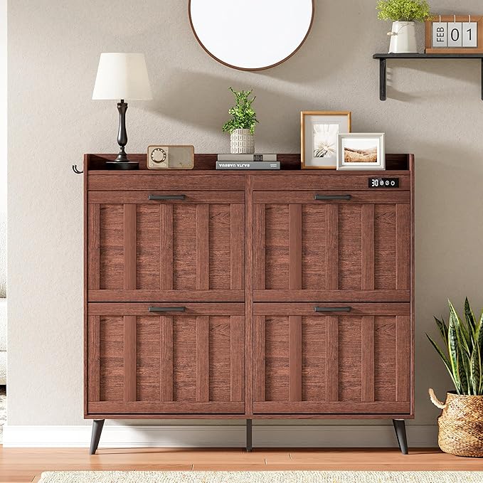ChooChoo Shoe Storage Cabinet with 4 Flip Drawers, Deodorizing Shoe Organizer Storage for Entryway, Freestanding Hidden Slim Narrow Shoe Rack Cabinet, Walnut