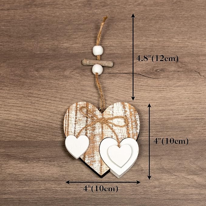 Sun&Beam Heart-Shaped Wooden Decorative 2Pcs Hanging Handmade Hearts Ornaments for Wedding Party Valentine Christmas Home Decoration Car Décor (D-#1, 2Pcs)