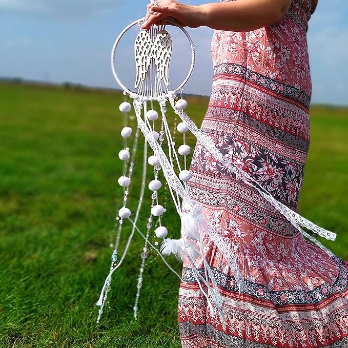 Angel Wings Dream Catchers, White Boho Cottagecore Decor, Wall Hanging Meditation Gifts, Hippie Zen Spiritual Yoga Decor for Bedroom or Nursery