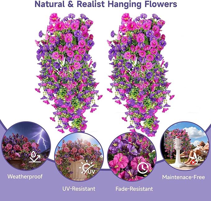 Artificial Hanging Flowers for Outdoors, 2 PCS UV Resistant Faux Silk 150 Morning Glory Each Trailing Vines, Fake Plants for Spring Outdoor Garden Planter Porch Patio Decoration, Fuchsia & LightPurple