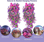 Artificial Hanging Flowers for Outdoors, 2 PCS UV Resistant Faux Silk 150 Morning Glory Each Trailing Vines, Fake Plants for Spring Outdoor Garden Planter Porch Patio Decoration, Fuchsia & LightPurple