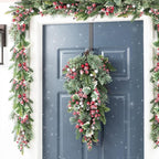 Glitzhome Christmas Teardrop Swag 28 Inch Red Pomegranate Berry & Holy Leaf Decor for Front Door, Indoor Outdoor Holiday Greenery with Rattan Ring for Mantel, Porch, Festive Hanging Decoration