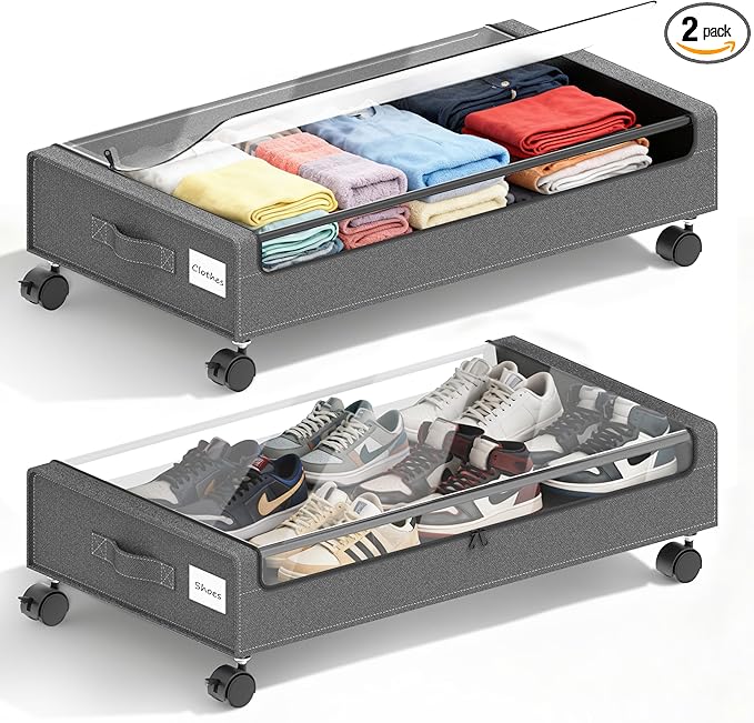 Under Bed Storage with Wheels - 2Pack 60L Underbed Storage Containers with Clear Lid & Label, Rolling Under Bed Storage Bins for Clothes, Shoes, Blankets (XL,Grey)