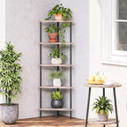 HOOBRO Corner Shelf Stand, Industrial 5-Tier Corner Bookshelf with Metal Frame, Corner Shelf Stand Display Plant Flower, Corner Bookcase for Small Spaces, Living Room, Greige and Black BG33CJ01