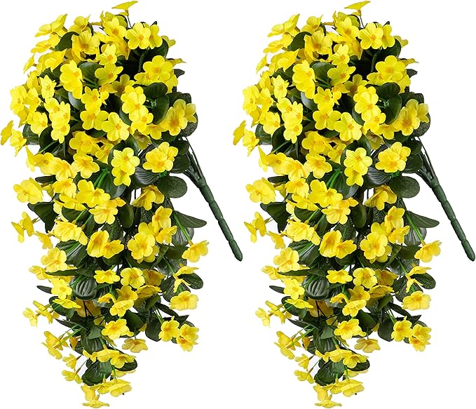 Artificial Faux Hanging Plants Flowers for Outdoor Spring Summer Decor, 2 PCS Fake Silk Yellow Daisy Long Vines Orchid UV Resistant Realistic Mums for Outside Home Porch Patio Balcony Planter