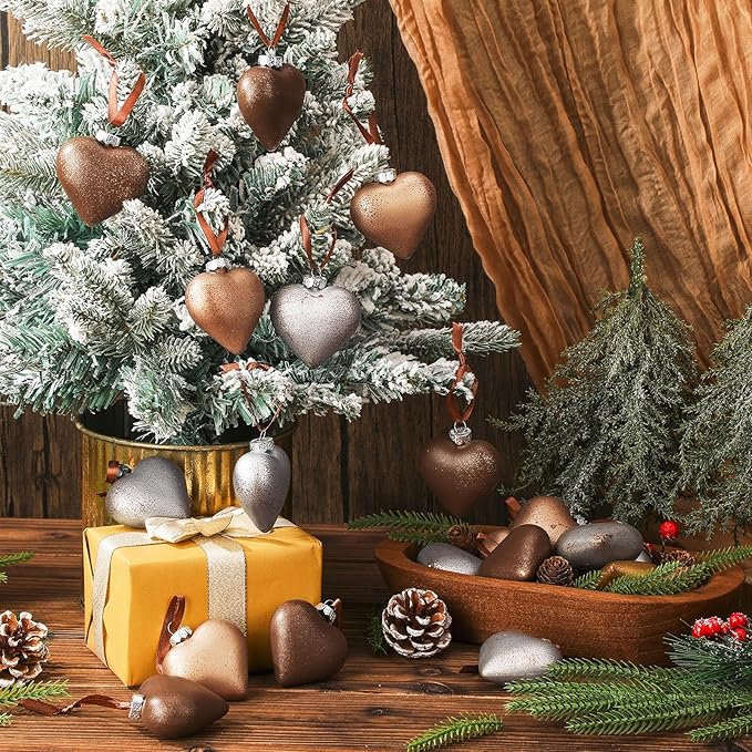 VioraWhite 18 Pcs Valentines Neutral Texture Heart Ornaments Bronze Rustic Heart Shaped Xmas Baubles Ornaments Farmhouse Copper Decorations for Tree Wreath Home Modern Holiday