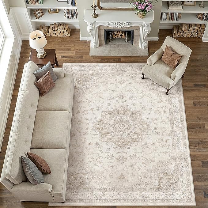 Beige Area Rug 9x12 Washable Vintage Carpet for Living Room Bedroom Large Soft Retro Low Pile Thin Indoor Rug Non Slip Oriental Medallion Floor Cover for Dining Room Office