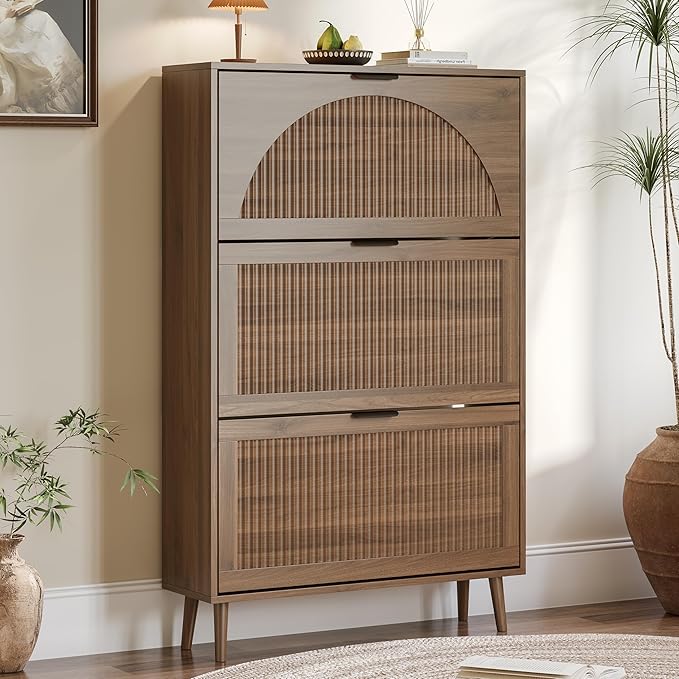 Shoe Cabinet for Entryway with 3 Flip Drawers, Slim Wooden Shoe Storage Organizer with Modern Fluted Pannel，Freestanding Narrow Hidden Shoe Rack for Hallway, Foyer, Living Room