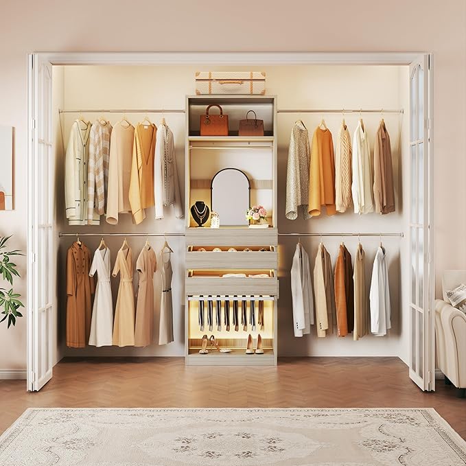 Closet System, 4-8FT Closet Organizer with 3 Wood Drawers & Glass Top, 102'' Walk in Closet with 5 Hang Rods & LED Lights & Trouser Rack, Built-in Wardrobe Clothes Rack with Shelves & Tower,White Oak