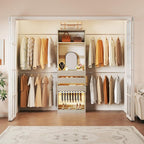 Closet System, 4-8FT Closet Organizer with 3 Wood Drawers & Glass Top, 102'' Walk in Closet with 5 Hang Rods & LED Lights & Trouser Rack, Built-in Wardrobe Clothes Rack with Shelves & Tower,White Oak