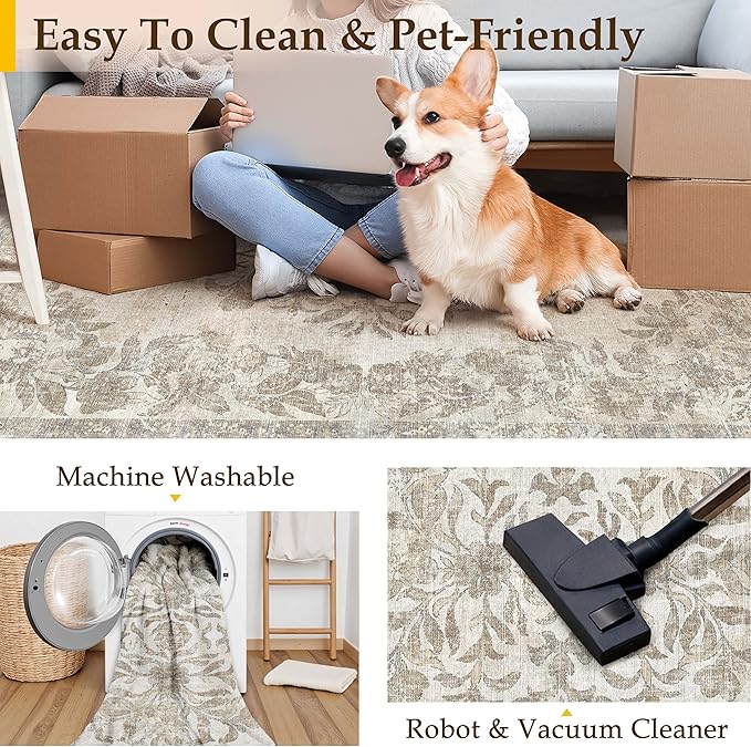 3x4 Area Rug Beige Washable Office Vintage Distressed Carpet Bedroom Indoor Neutral Medallion Floral Living Room Non Slip Retro Throw Floor Mat for Dining Room Kitchen Bathroom