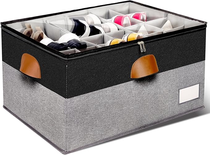 1 Pack Shoe Organizer for Closet, Adjustable Shoe Box Storage Containers, Large Foldable Shoe Bins with Clear Cover, Space Saving Shoes Holder with 4 Handles, Fits 12-24 Pairs, Black